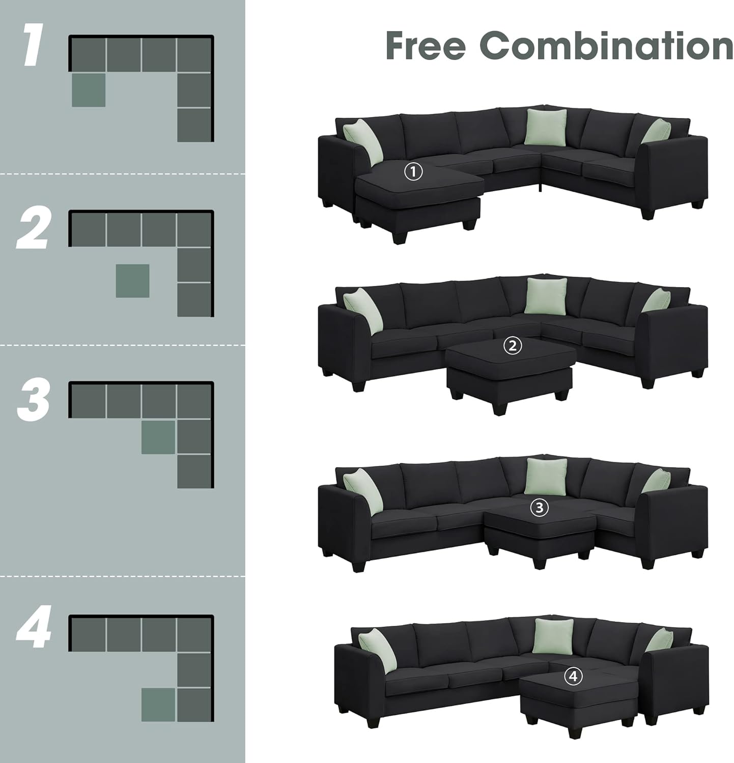 112" Upholstered Sectional Sofa Sets with Removable Ottoman, 7- Seater Modular Corner Couch with 3 Pillows for Livingroom, Office,Black