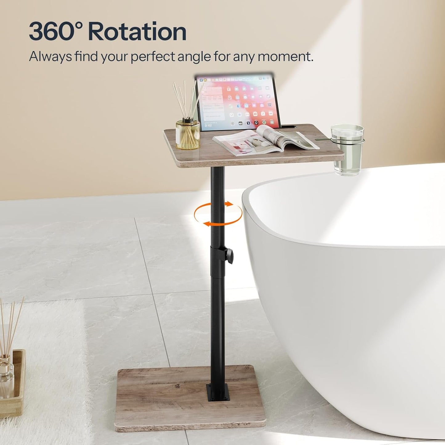 HOOBRO TV Tray Table, 360° Swivel Side Table Sofa Armrest Tray for Couch, Height Adjustable C Shaped End Table, Snack Desk with Cup Holder, for Small Spaces, Greige and Black BG234BZ01