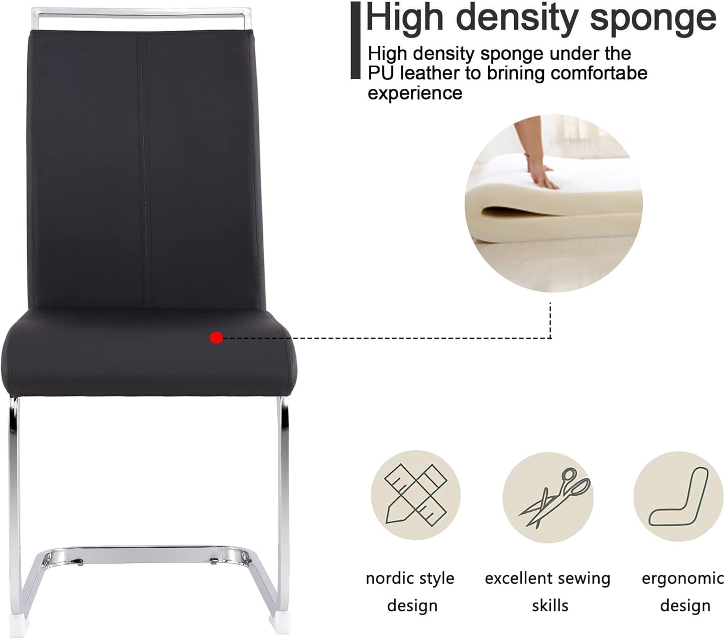 Dining Chairs Set, Kitchen Modern Metal Chairs with Faux Leather Padded Seat High Back and Sturdy Chrome Legs, Chairs for Dining Room (Black, Set of 4)