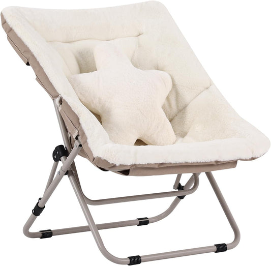 Welnow Comfy Saucer Chair, Oversized Folding Reading Chair for Adults with Throw Pillow Soft Faux Fur Lounge Chair for Bedroom Furry Accent Chair for Living Room, Dorm Rooms, Beige