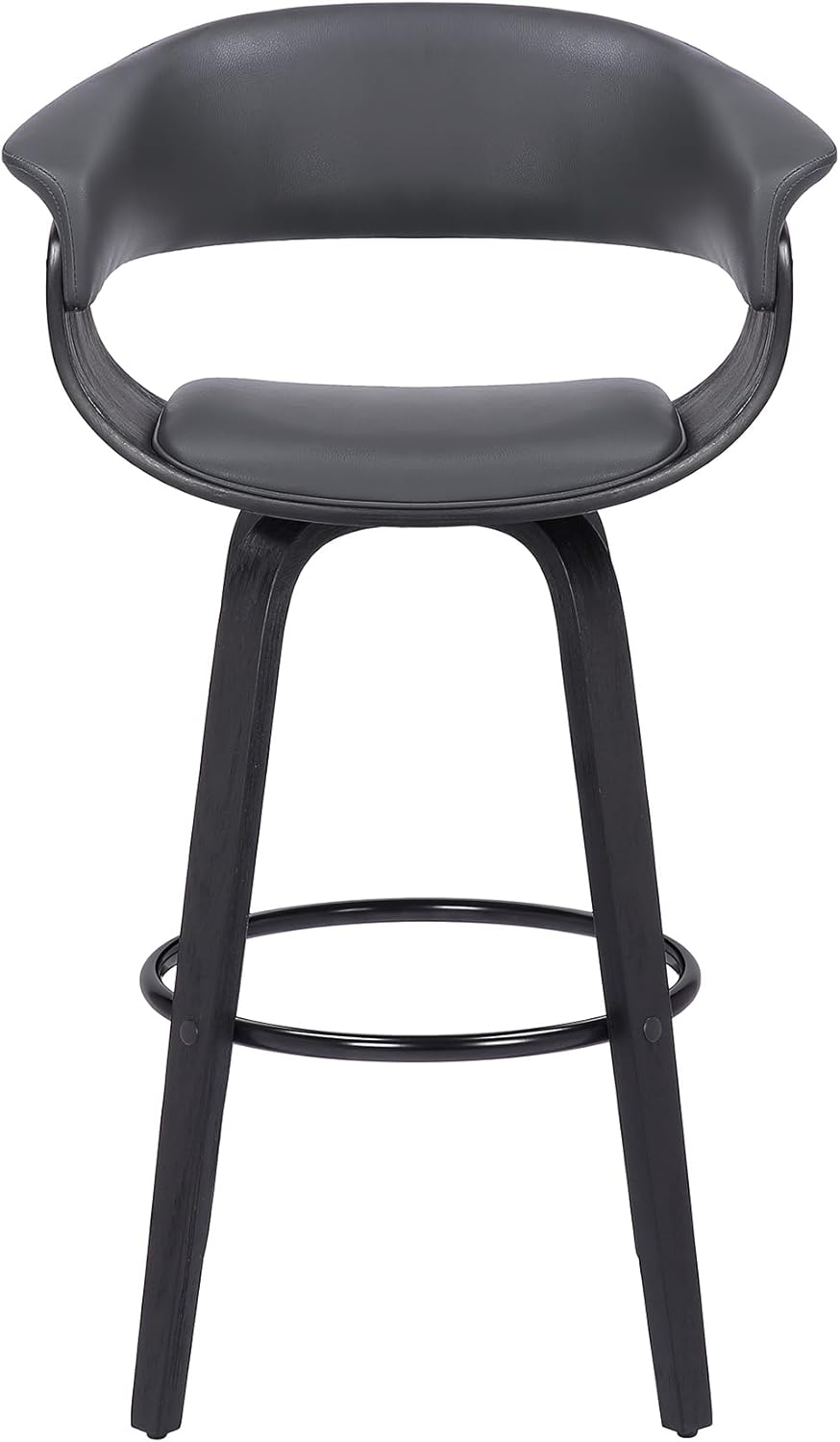 Armen Living Julyssa Mid Century Modern Swivel Bar Stool for Kitchen Island Counter in Gray Faux Leather and Black Wood, 26" Seat Height