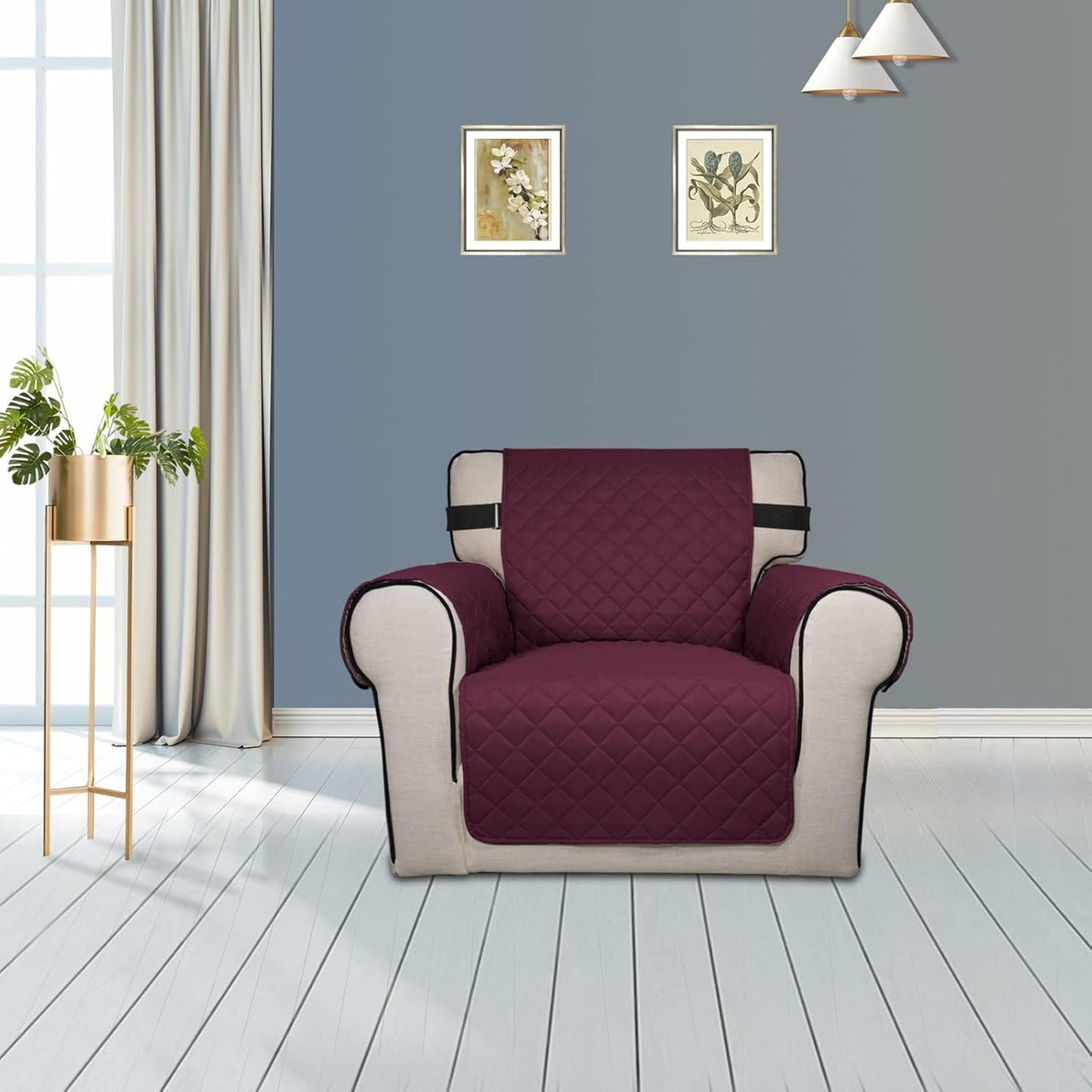 PureFit Reversible Sofa Cover Water Resistant Chair Couch Cover, Machine Washable Furniture Cover with Non-Slip Foam and Adjustable Strap for Dogs, Pets (Chair, Wine/Beige)