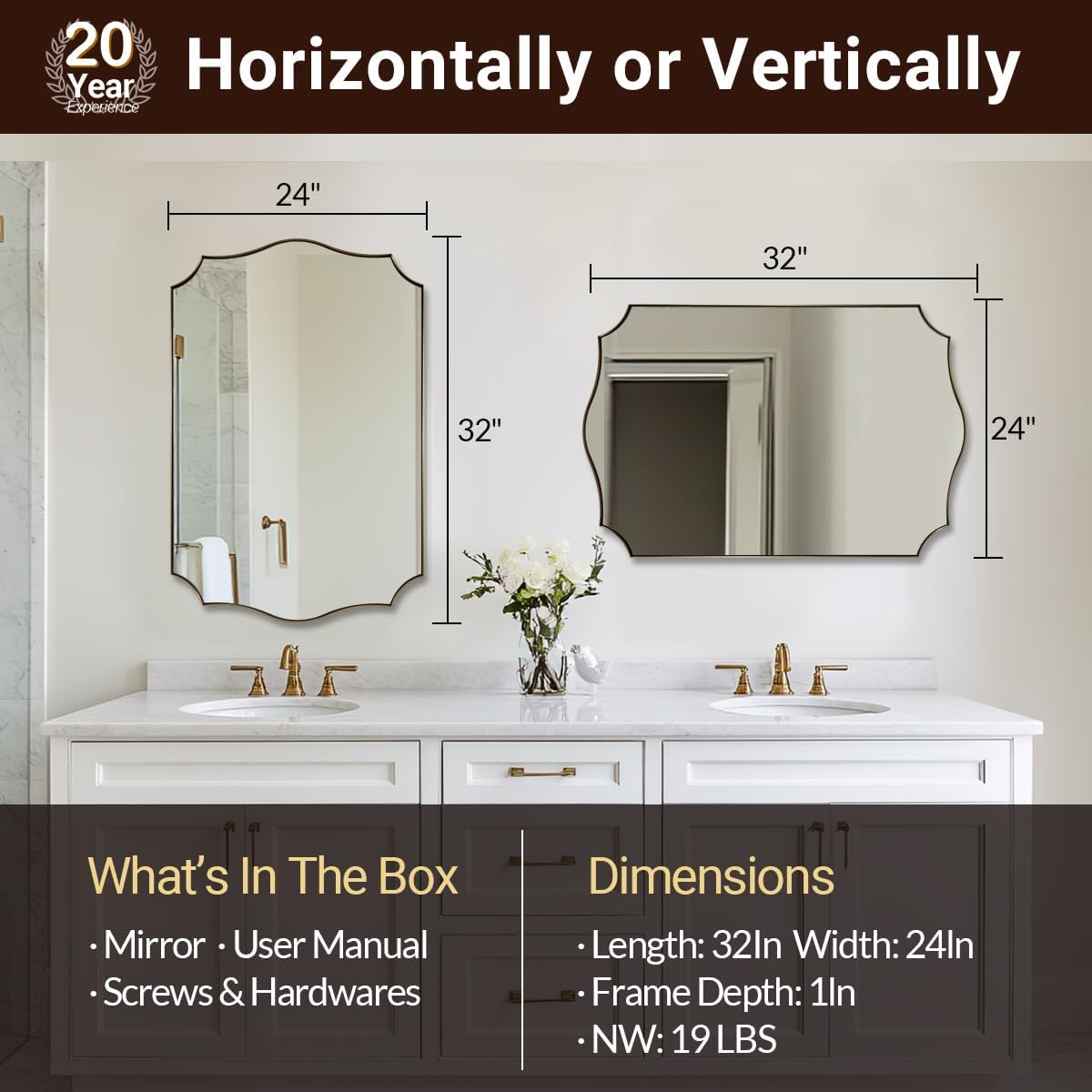 ANDY STAR Gold Mirrors, 24x32 Inch Bathroom Vanity Mirror, Antique Brass Asymmetrical Mirror, Unique Rectangle Mirror with Sophisticated Curved Design, Ideal for Home Decor