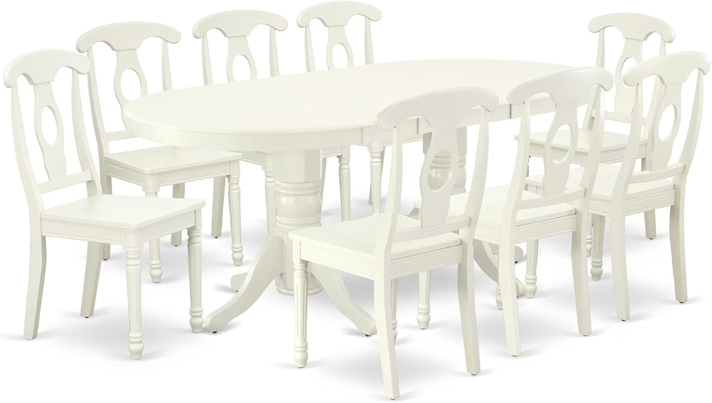 East West Furniture VAKE9-LWH-W 9 Piece Dining Set Includes an Oval Dining Table with Butterfly Leaf and 8 Kitchen Chairs, 40x76 Inch, Linen White