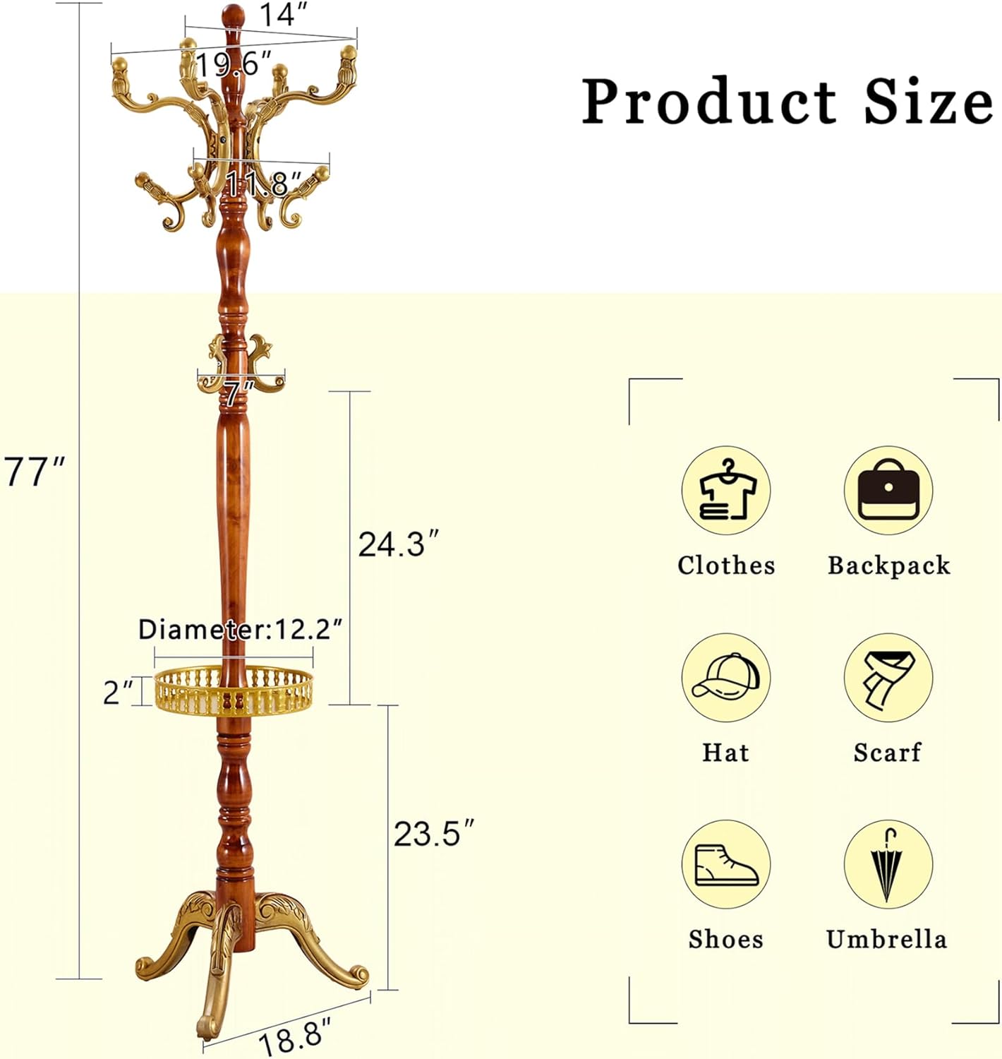 Solid Wood Coat Rack Freestanding, 77" Adjustable Hall Tree Hanger With Hooks, Coat Hanger Stand for Hanging Clothes Bags Hats in Living Room Bedroom