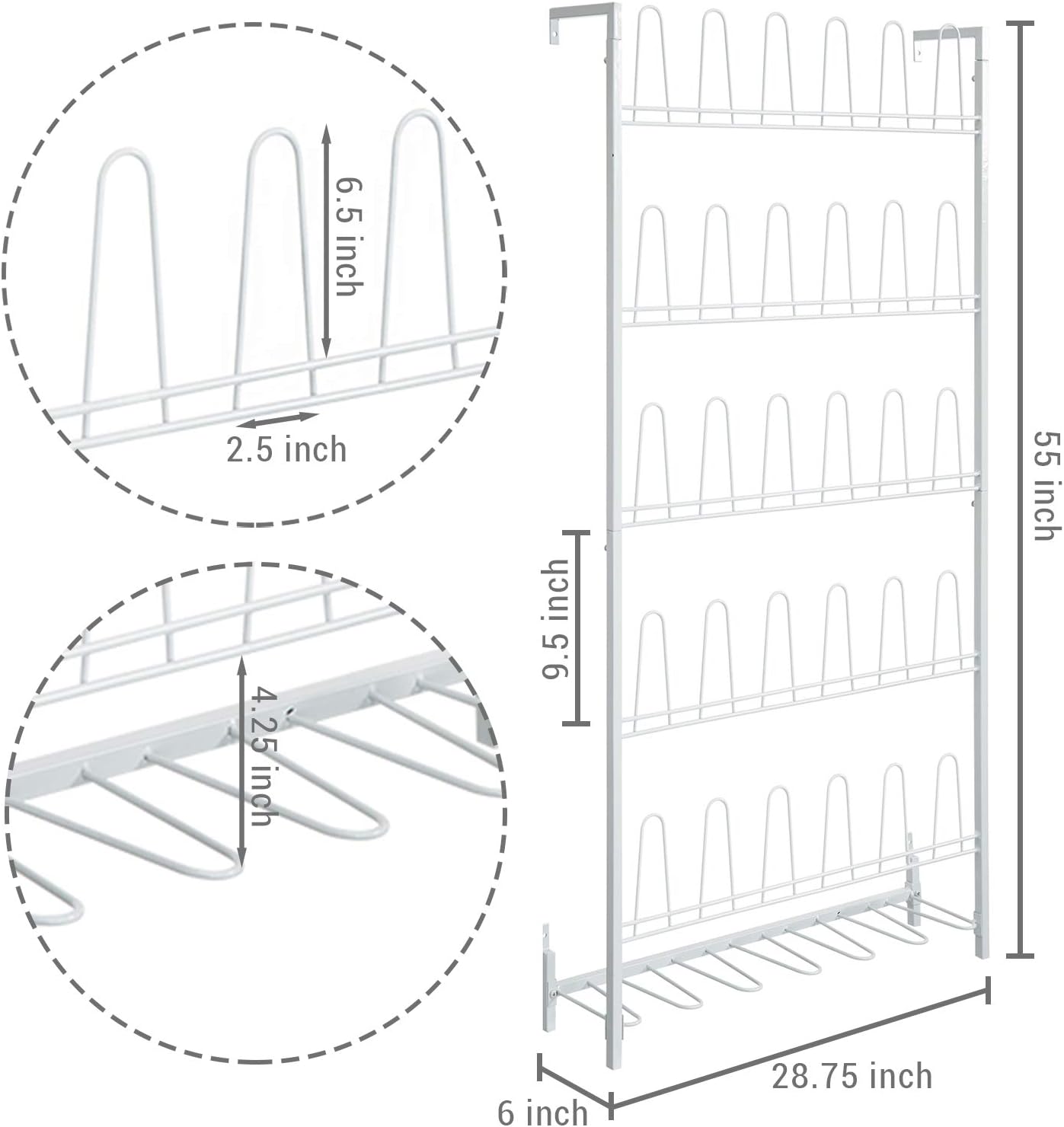 MyGift Modern Matte White Metal Hanging Shoe Rack for Walk in Closet, Mudroom and Entryway, Wall Mounted Space Saving Organizer for Shoes and Boots, Holds 18 Pairs