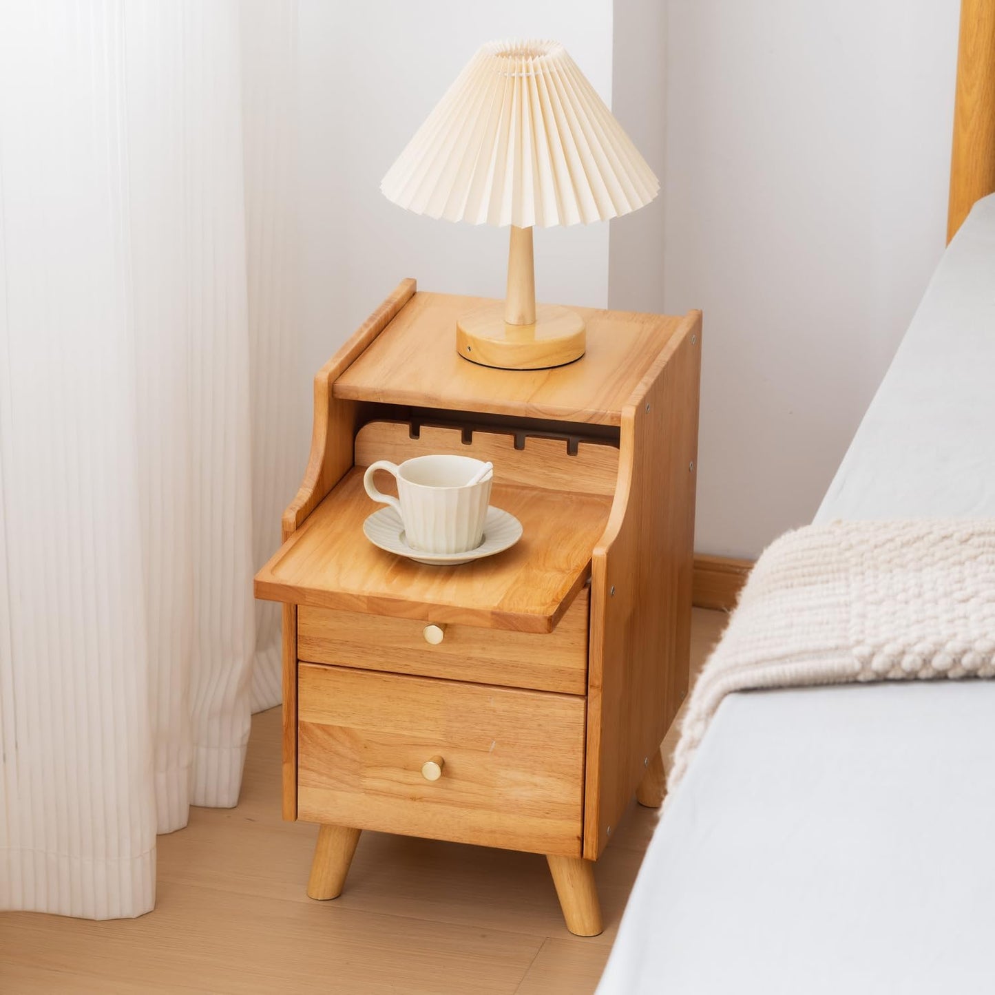 Small Nightstand, Narrow Nightstand, Solid Wood Night Stand, Narrow Side Table for Small Spaces, Couch, Nature Color 11.81 in Wide