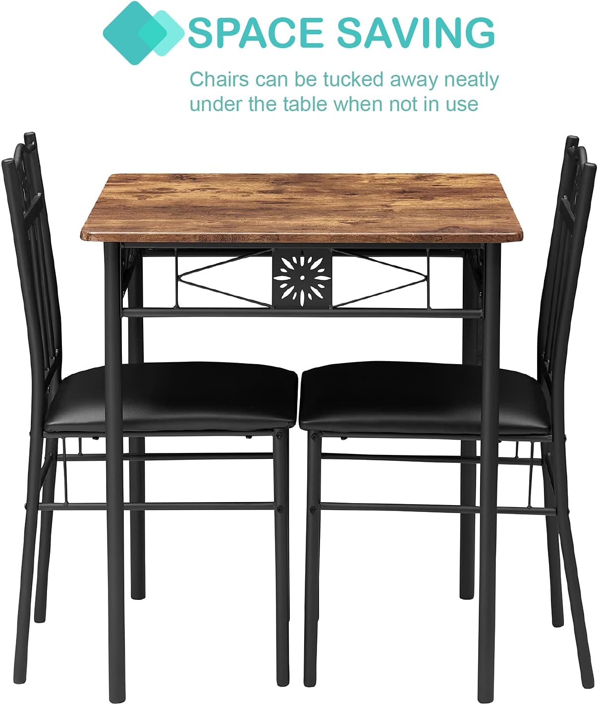 VECELO 3-Piece Dining Room Wooden Kitchen Table and Pu Cushion Chair Sets for Small Space, Retro Brown