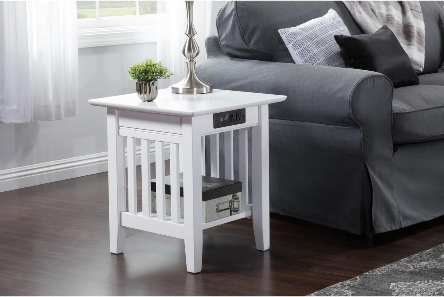 AFI, Mission End Table with Charging Station, White