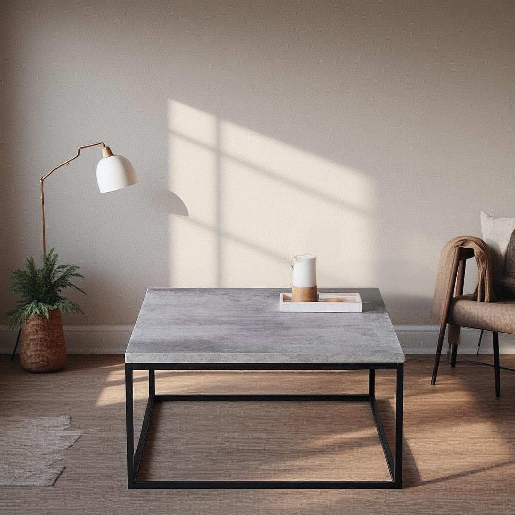 CENSI 30"x30" Square Concrete Accent Coffee Table Ottoman for Living Room, Modern Industrial Style, 1.2" Extra Thick Tabletop (Faux Concrete)