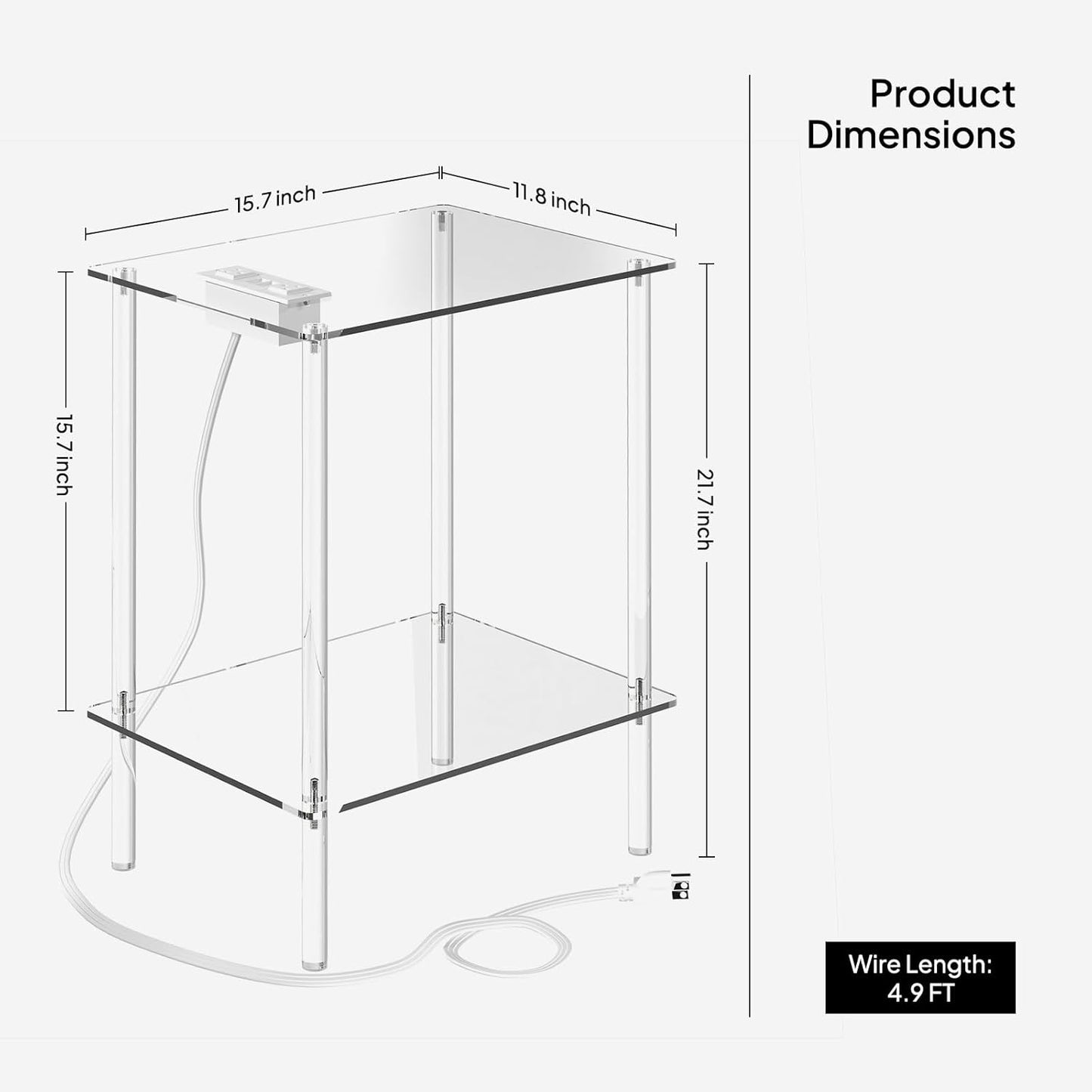 Eglaf Acrylic Side Table Set of 2 with Charging Station & USB Ports - Small End Table - Nightstand Bedside Table for Living Room, Bedroom - 15.7'' L x 11.8'' W x 21.7'' H, 2 Tier
