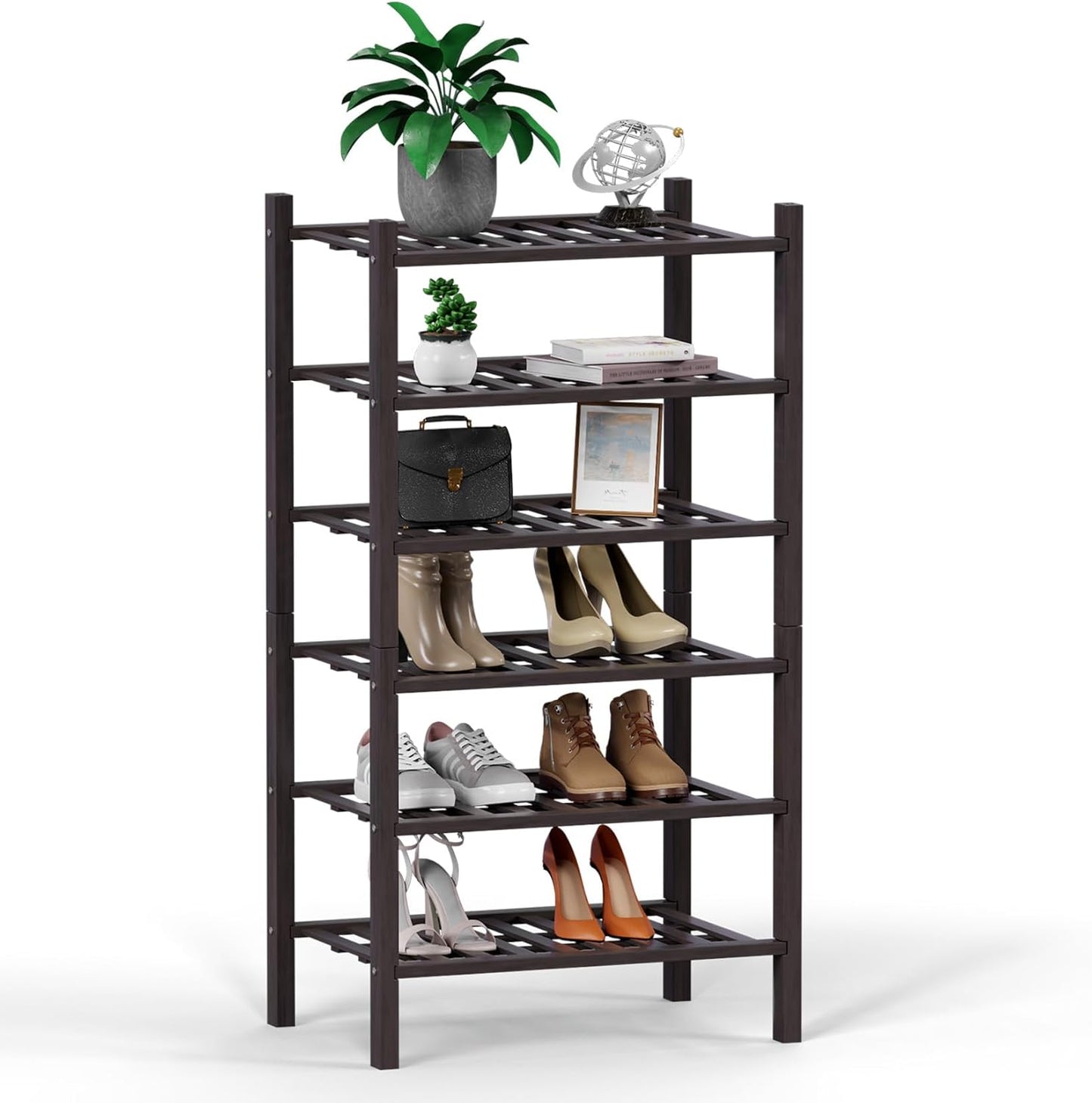 Haddockway small 6 Tier Bamboo Shoe Rack Storage Organizer, Multifunctional Free Standing Stackable Shoe Shelf with Grid Panel for Closet,Hallway,Entryway,Small Space 18"x11"x34"(Brown, 6-Tier(Small))