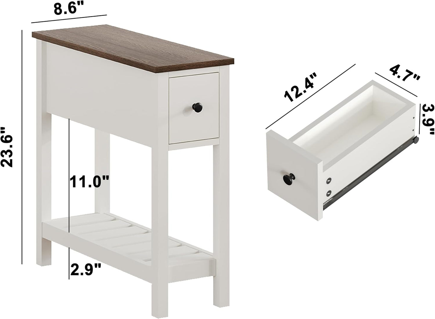 ChooChoo Narrow End Table, Small Side Table for Small Spaces, Slim End Table with Drawer, Narrow Nightstand Bedside Table for Living Room Bedroom, White, 2 Pack