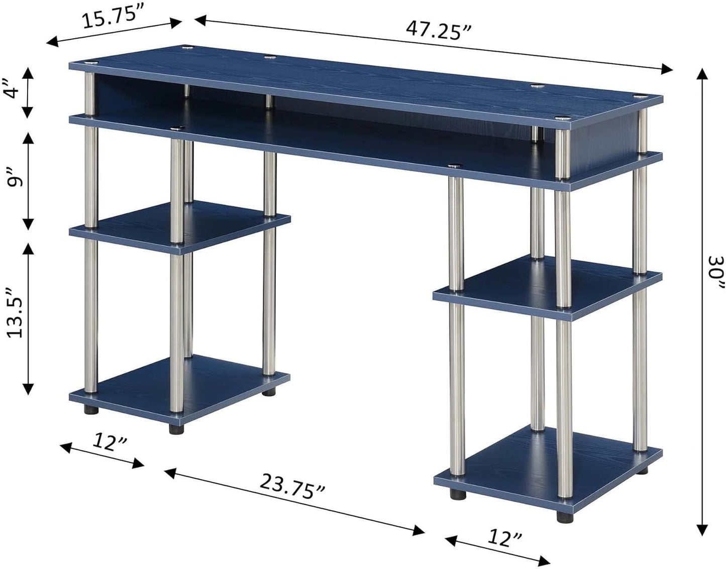 Convenience Concepts Designs2Go No Tools Desk Home Office Desk with Shelves, Corner Shelf Vanity Desk Computer Desk Nail Table for Nail Tech - 47.25" L x 15.75" W x 30" H, Cobalt Blue