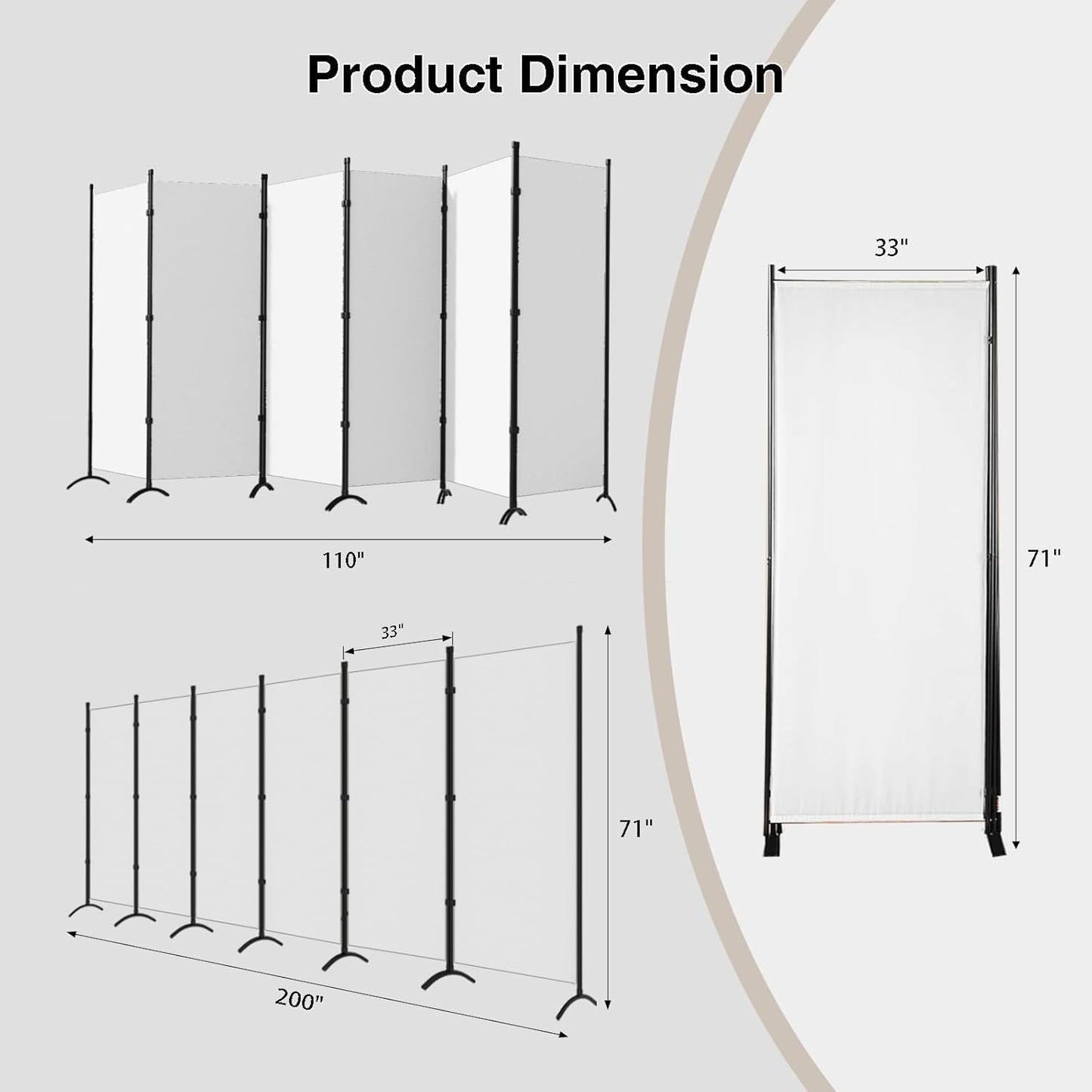 Room Divider 6-Panel Privacy Screen, Portable Screen Steel Frame with Hook&Loop for Home, Office, Classroom, Studio, Meeting (White)