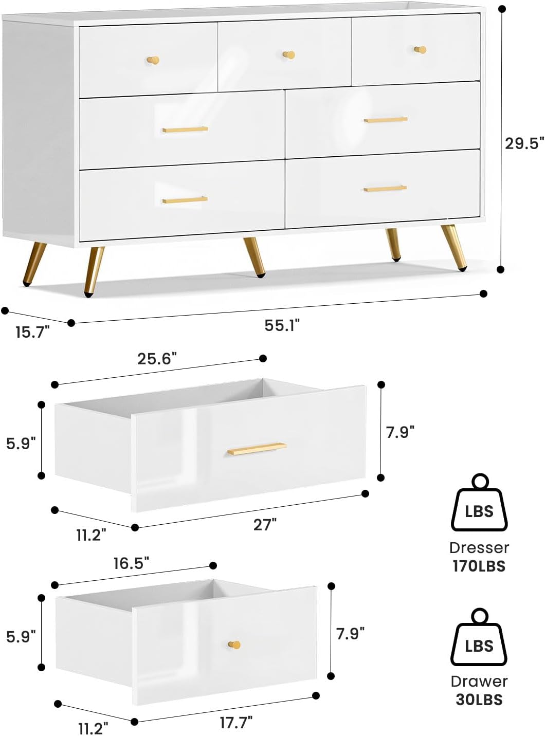 7 Drawer Dresser for Bedroom - White & Gold Chest of Drawers, High Gloss MDF Organizer Storage with Drawers with Golden Handles, Wide Storage Dresser for Bedroom