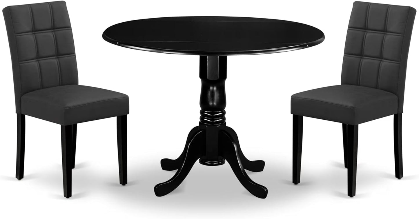 East West Furniture DLAS3-BLK-12 3 Piece Dining Table Set contain A Wood Table and 2 Dark Gray Polyester Fabric Dinner Chairs with Stylish Back- Black Finish