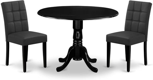 East West Furniture DLAS3-BLK-12 3 Piece Dining Table Set contain A Wood Table and 2 Dark Gray Polyester Fabric Dinner Chairs with Stylish Back- Black Finish