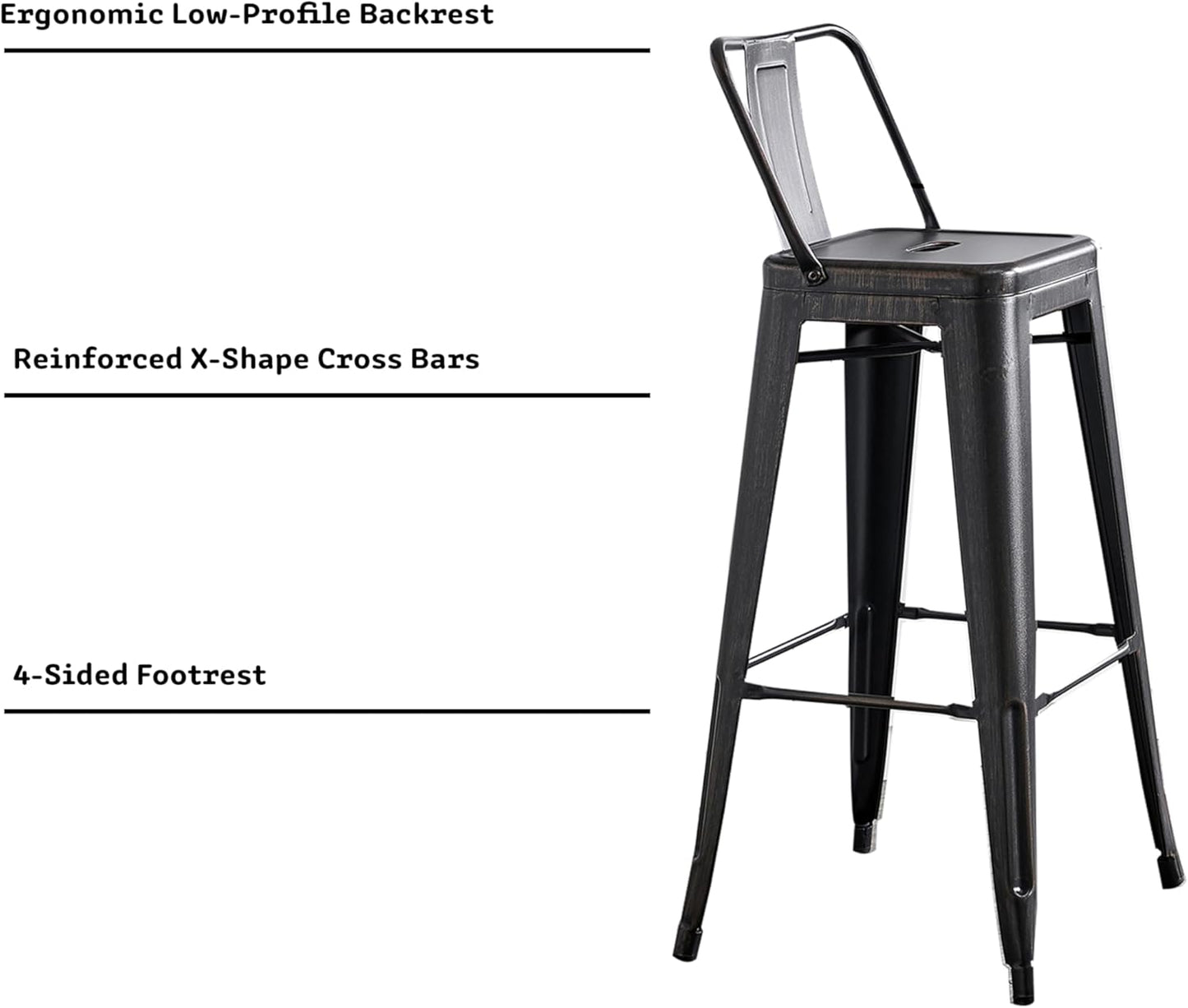 AC Pacific 30” Metal Barstool Set of 4 – Country Rustic Style with Low Back, Lightweight & Sturdy Build, Easy Assembly – Distressed Black