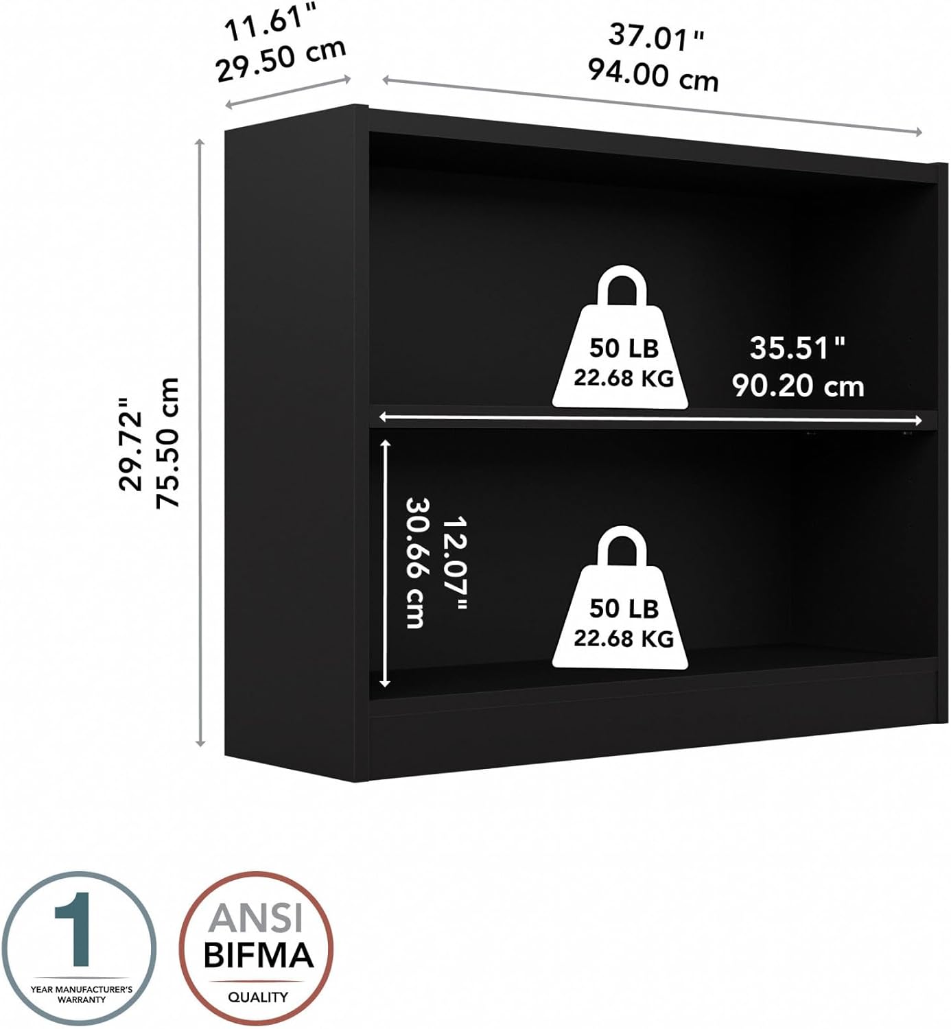 Bush Furniture Universal Bookcase, Low Storage and Display Bookshelf for Home Office or Living Room Organization, 2 Shelf, Black