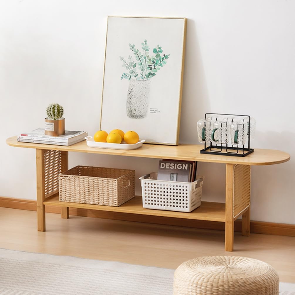 Tiita TV Stand with Storage for TVs up to 65'', Bamboo TV Console Entertainment Center with 2 Open Shelf, Mid Century Modern Media Console for Living Room, Bedroom, Wood