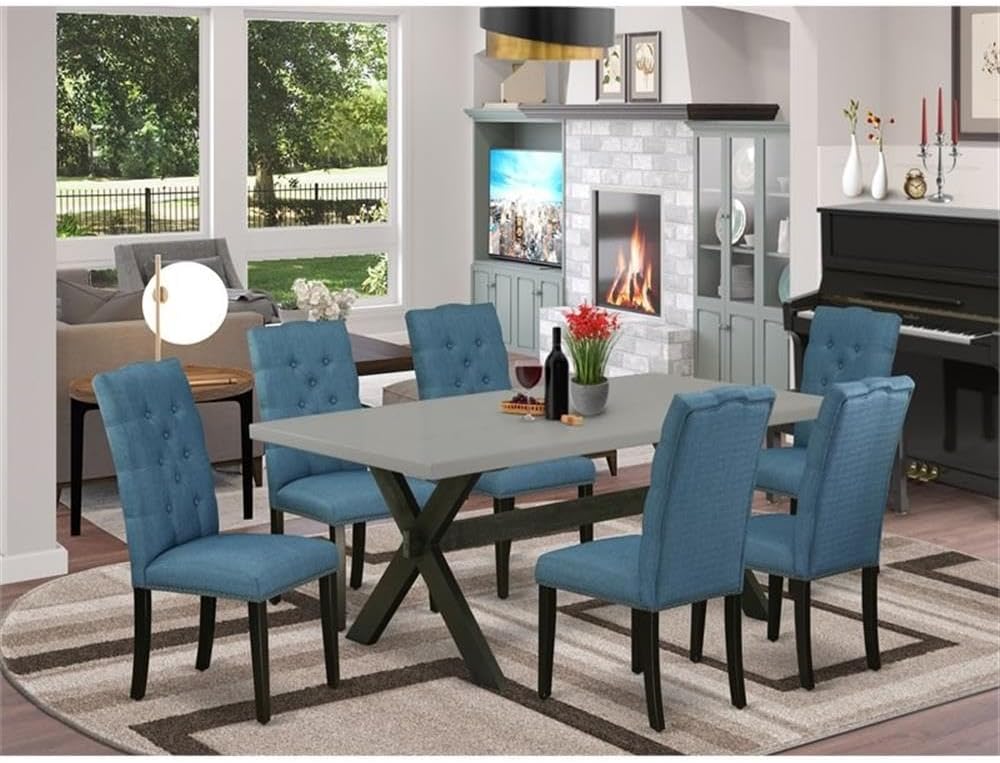 East West Furniture X697EL121-7 7 Piece Dining Table Set Consist of a Rectangle Dining Room Table with X-Legs and 6 Blue Linen Fabric Upholstered Chairs, 40x72 Inch, Multi-Color