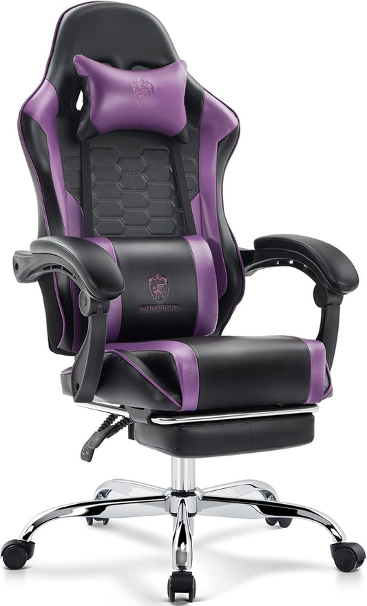 Gaming Chair,Computer Office Chair with Footrest,Massage Lumbar Support and Gel Pad,Ergonomic Reclining Adjustable Leather Gamer Chair with Headrest and Spring Cushion Purple