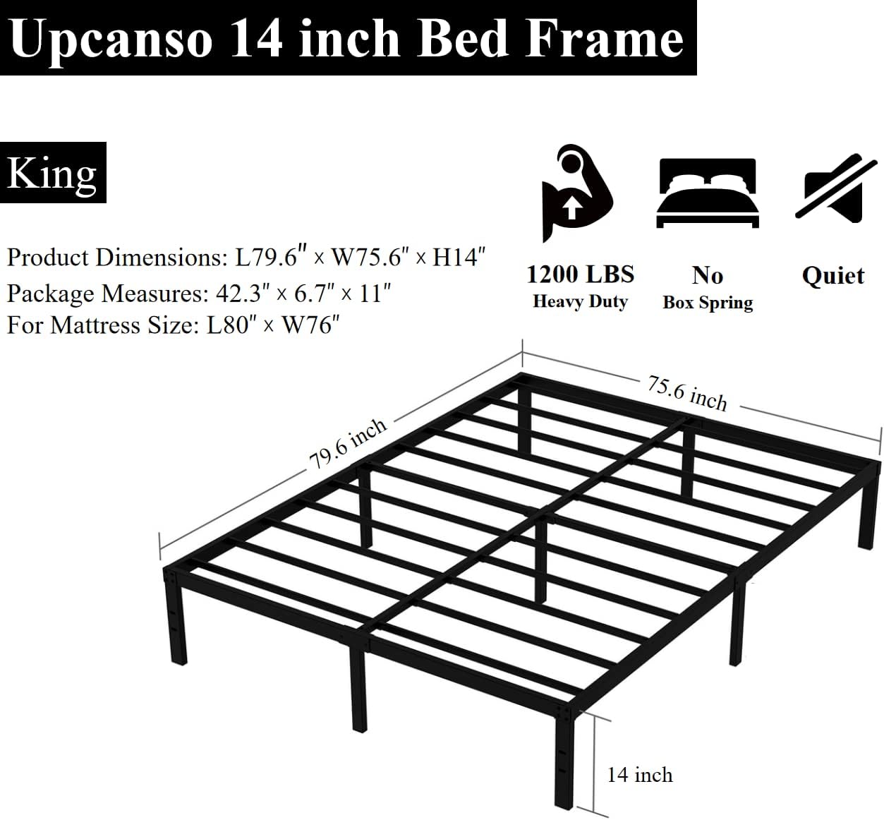 King Bed Frame No Box Spring Needed, 14 Inch Heavy Duty King Platform Bed Frame, 1200lbs Steel Slats Support, Easy Assembly, Black