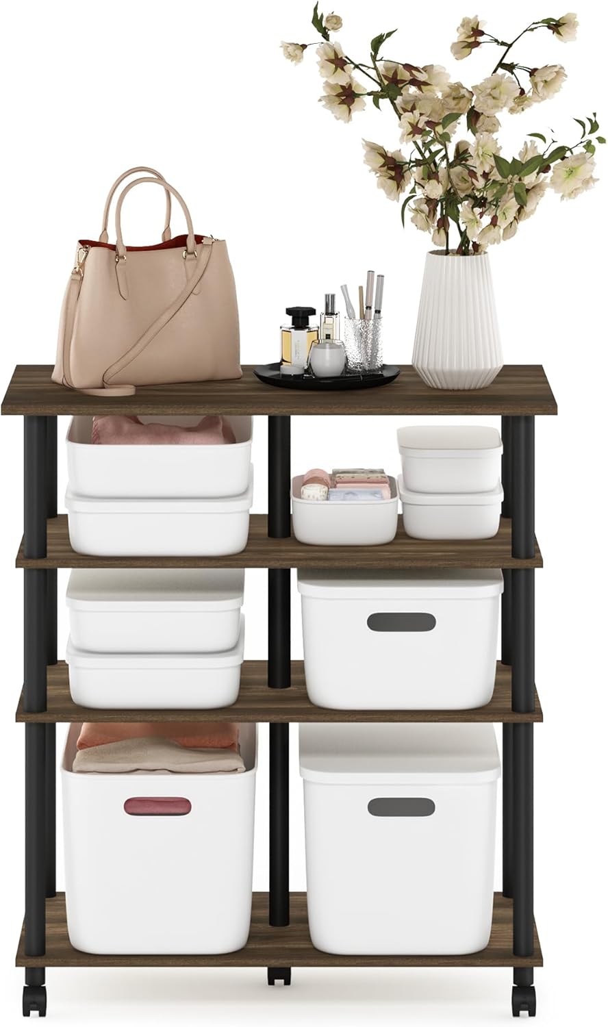 Furinno Helena 4-Tier Multifunction Rolling Open Shelves Storage Cart Organizer, Columbia Walnut/Black