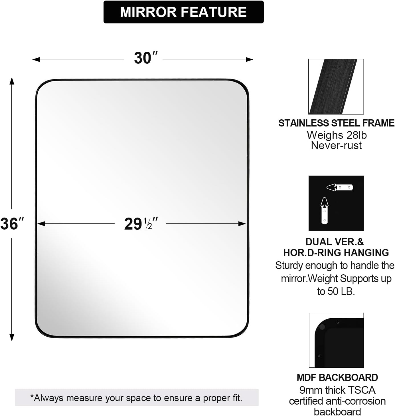 ANDY STAR Wall Mirror for Bathroom, 30x36 Matte Black Bathroom Mirror, Modern Stainless Steel Metal Frame Rounded Corner Rectangle Mirror for Vanity