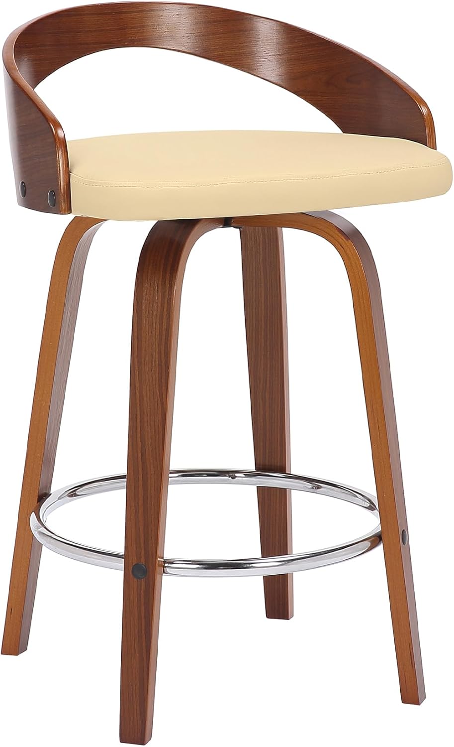 Armen Living Sonia 26" Counter Height Swivel Cream Faux Leather and Walnut Wood Bar Stool - Set of 2
