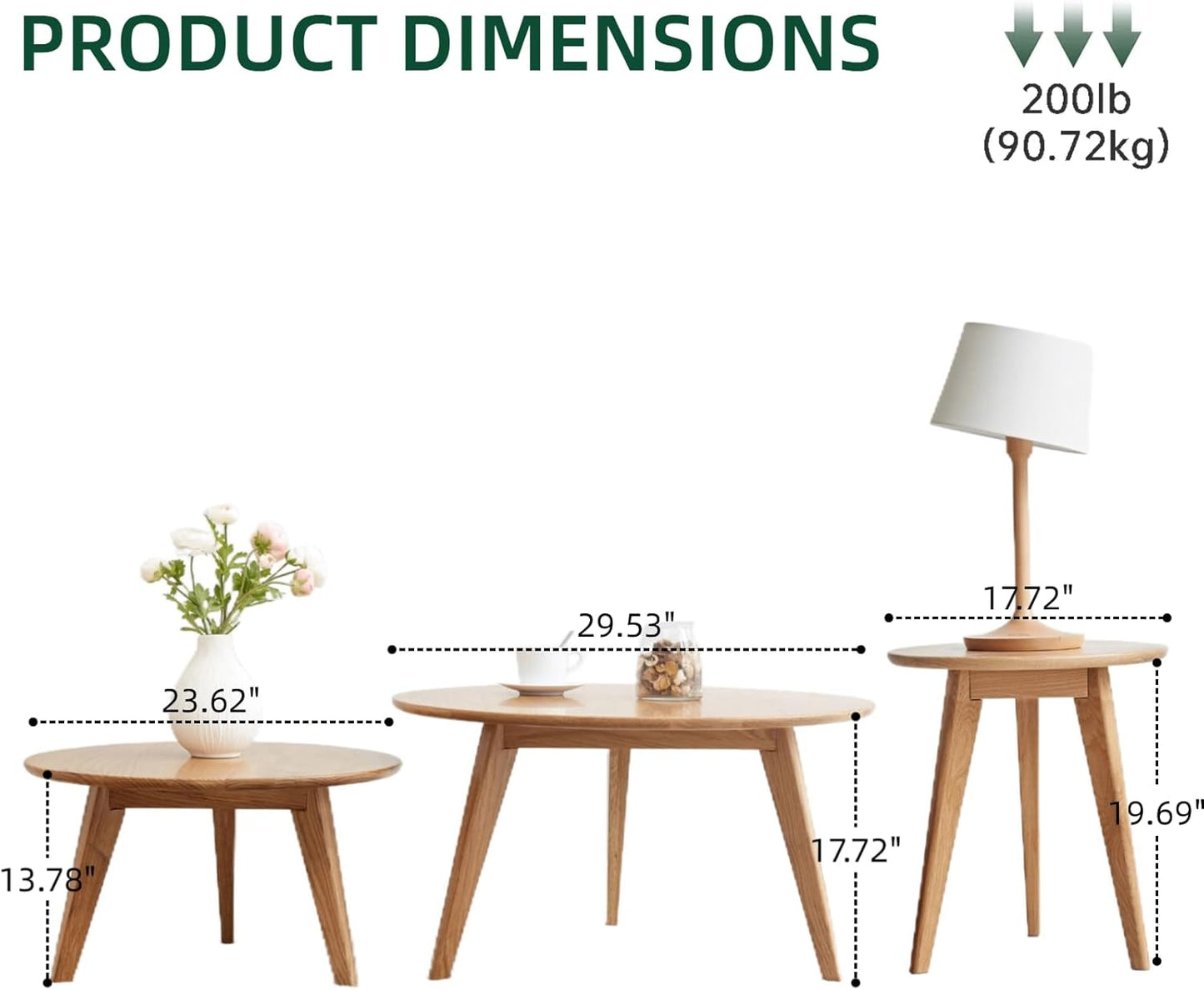 100% Solid Oak Wood Coffee Table Set, Round Coffee Table Combo Side Table w/Solid Wood Legs, Mid Century Table Sturdy Tables for Bedroom Balcony Living Room (Natural, Small-Medium Combo)