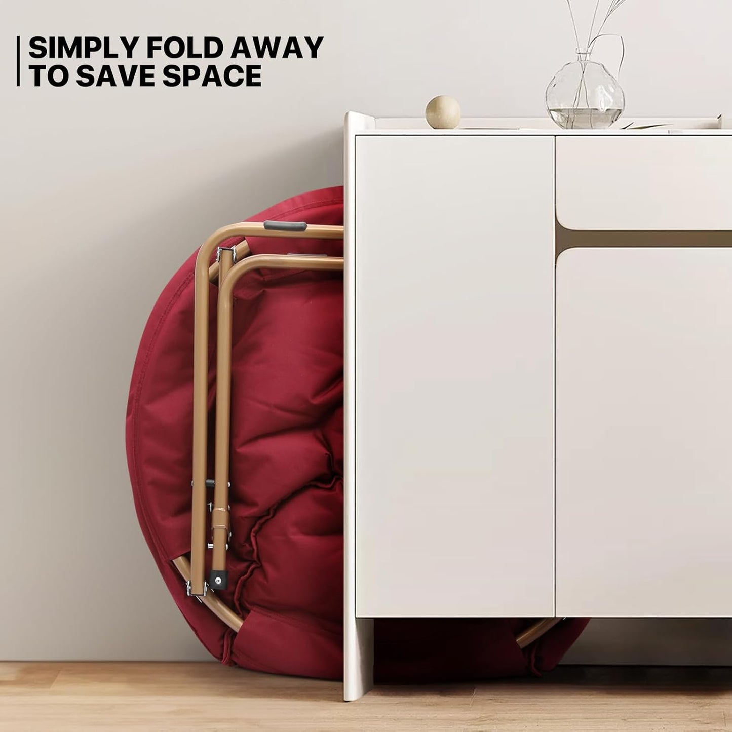 MoNiBloom Round Folding Faux Fur Saucer Chair for Bedroom Living Room Dorm Foldable Metal Frame Oversized Large Comfy Furry Padded Soft Cozy Moon Chair with Footrest Ottoman for Adults (Burgundy)