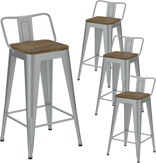 Silver Bar Stools Set of 4, Metal Bar Stools with Wooden Seat, Modern 30”Counter Height Barstools with Low Back
