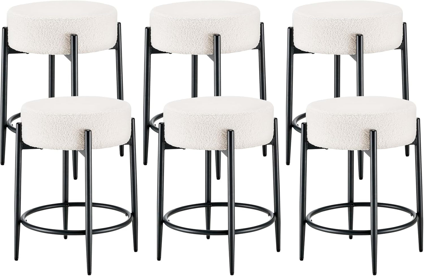 Dining Room Chairs Set of 6, 23.6" Sherpa Backless White Boucle Dining Chair with Black Metal Legs, Mid Century Modern Living Room Round Upholstered Chairs