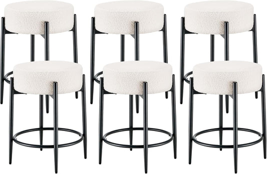 Dining Room Chairs Set of 6, 23.6" Sherpa Backless White Boucle Dining Chair with Black Metal Legs, Mid Century Modern Living Room Round Upholstered Chairs