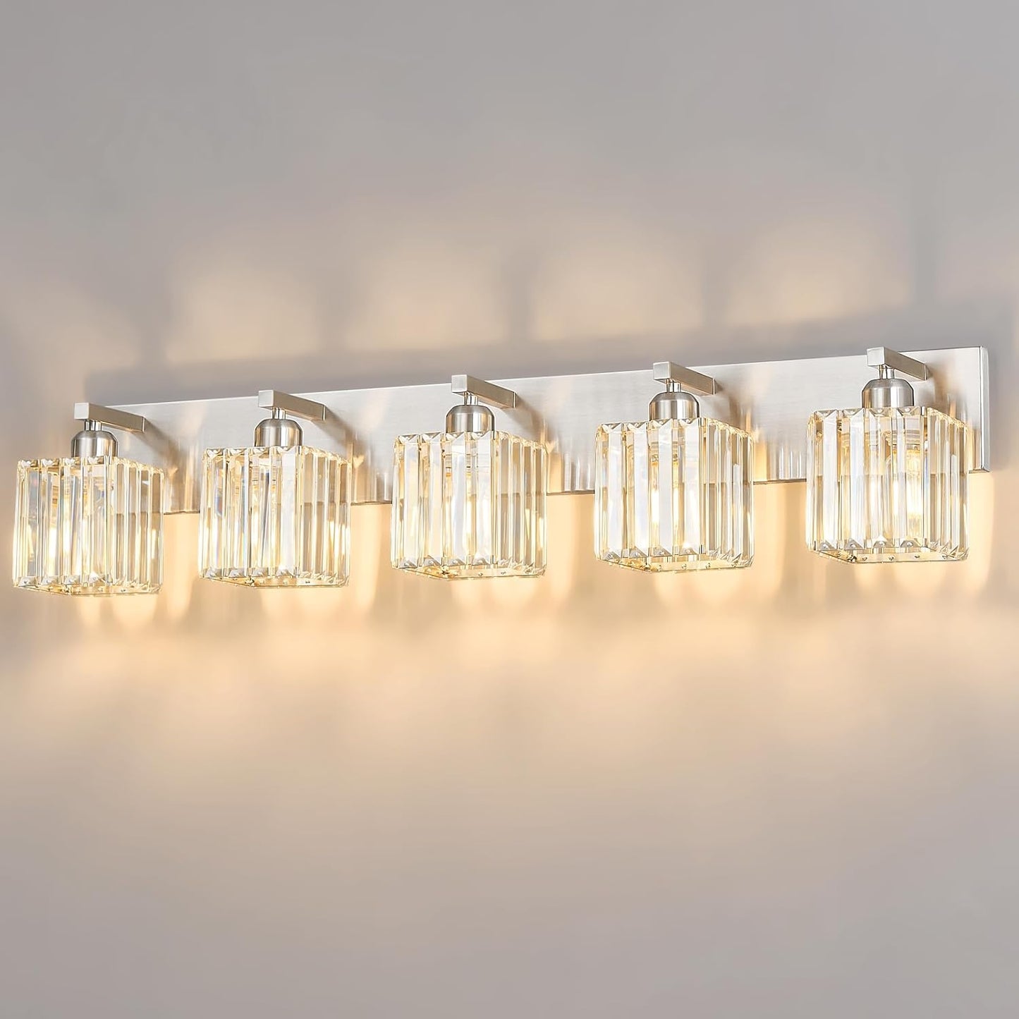 Modern Vanity Light 5-Lights Brushed Nickel Vanity Light Crystal Bathroom Wall Light Bathroom Light Fixtures