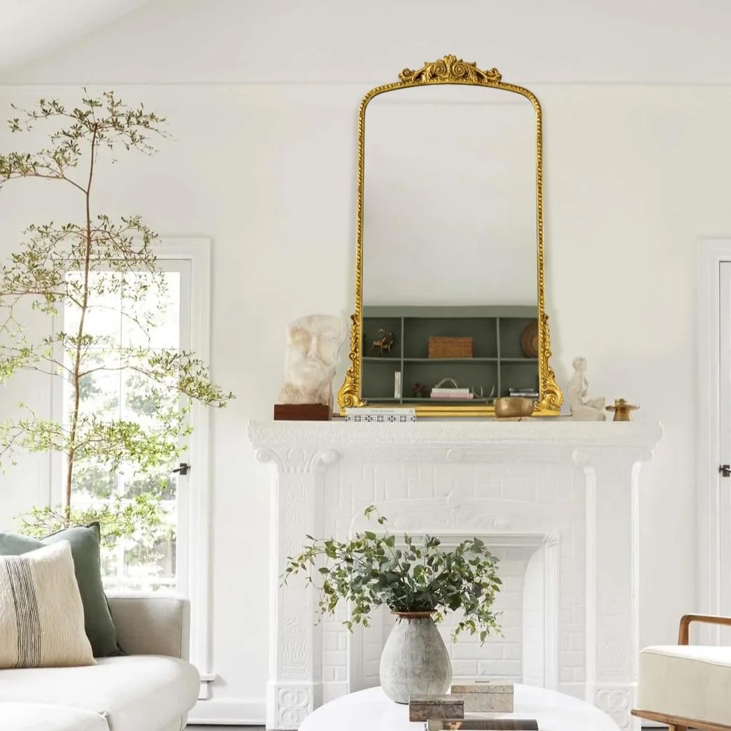 30x45'' Antiqued Gold Ornate Arched Mantel Baroque Inspired Dresser Mirror