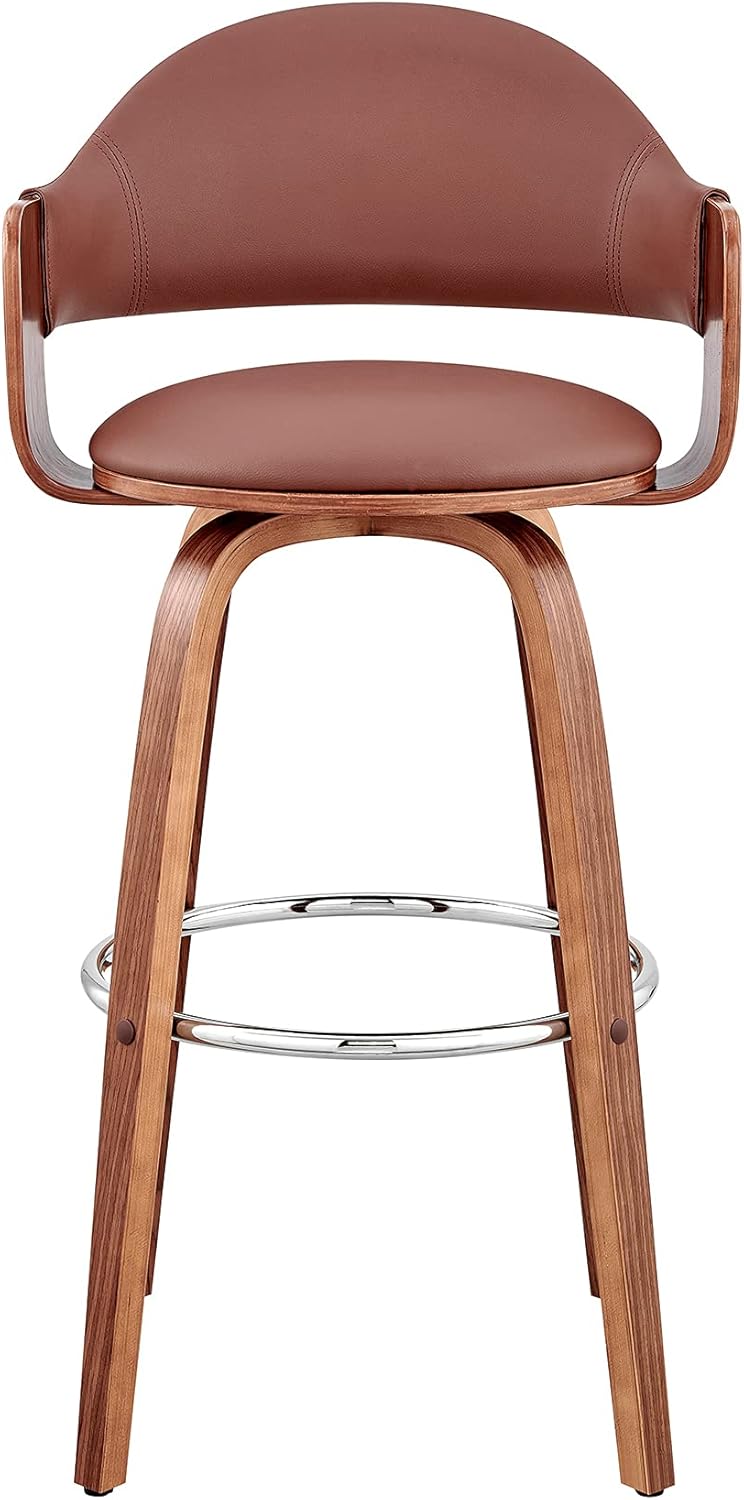 Armen Living Daxton Mid Century Modern Swivel Bar Stool for Kitchen Island Counter in Brown Faux Leather and Walnut Wood, 26" Seat Height