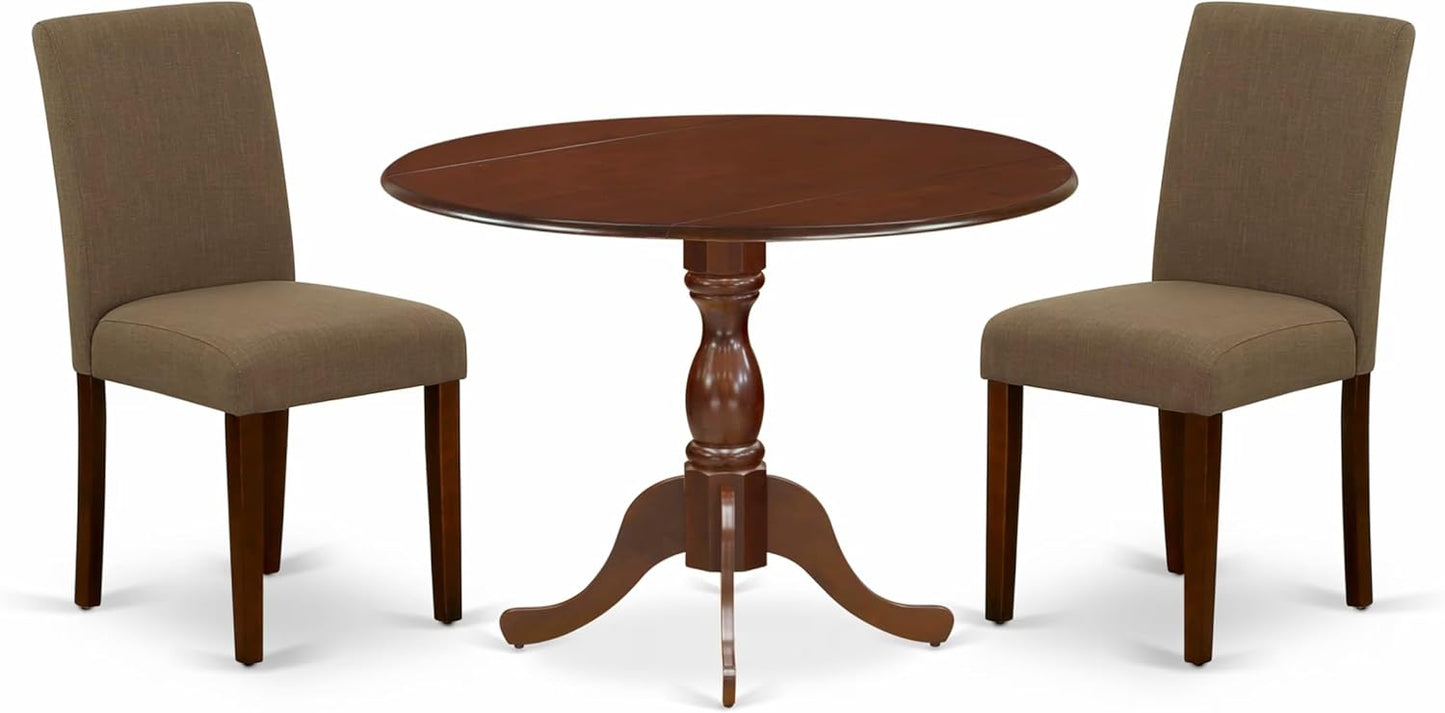 East West Furniture DMAB3-MAH-18 3 Piece Dining Room Table Set Contains a Round Dining Table with Dropleaf and 2 Coffee Linen Fabric Upholstered Parson Chairs, 42x42 Inch, Mahogany