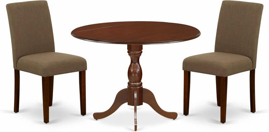 East West Furniture DMAB3-MAH-18 3 Piece Dining Room Table Set Contains a Round Dining Table with Dropleaf and 2 Coffee Linen Fabric Upholstered Parson Chairs, 42x42 Inch, Mahogany