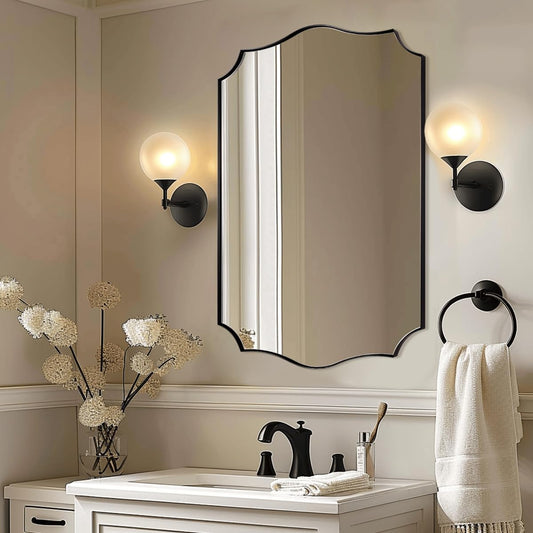 Black Scalloped Vanity Mirror, Matte Black Bathroom Mirrors, Metal Framed Black Wall Mirror, 22x30 Irregular Shaped Mirror, Rectangle Wavy Wall Mirror, Mounted Vertically or Horizontally