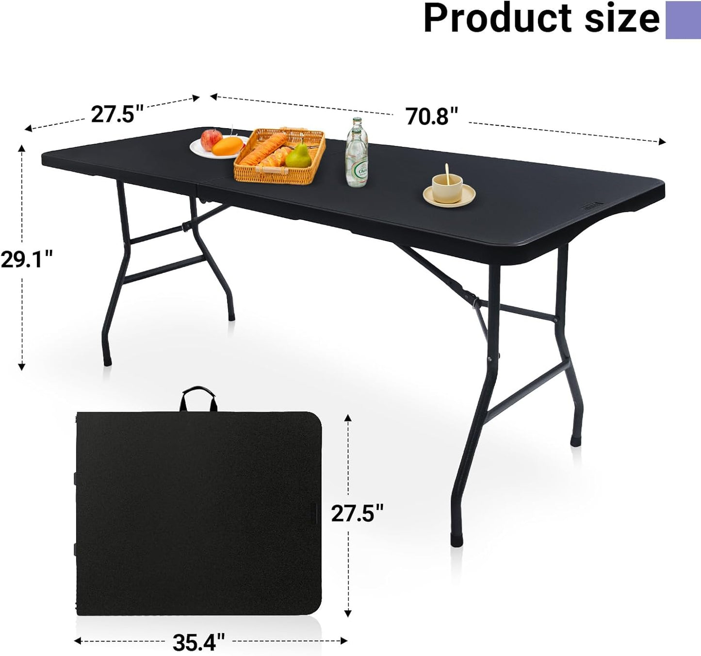 Folding Table 6ft Portable Heavy Duty Plastic Fold-in-Half 6 Foot Foldable Table Utility Dining Indoor Outdoor for Camping Picnic and Party, Black