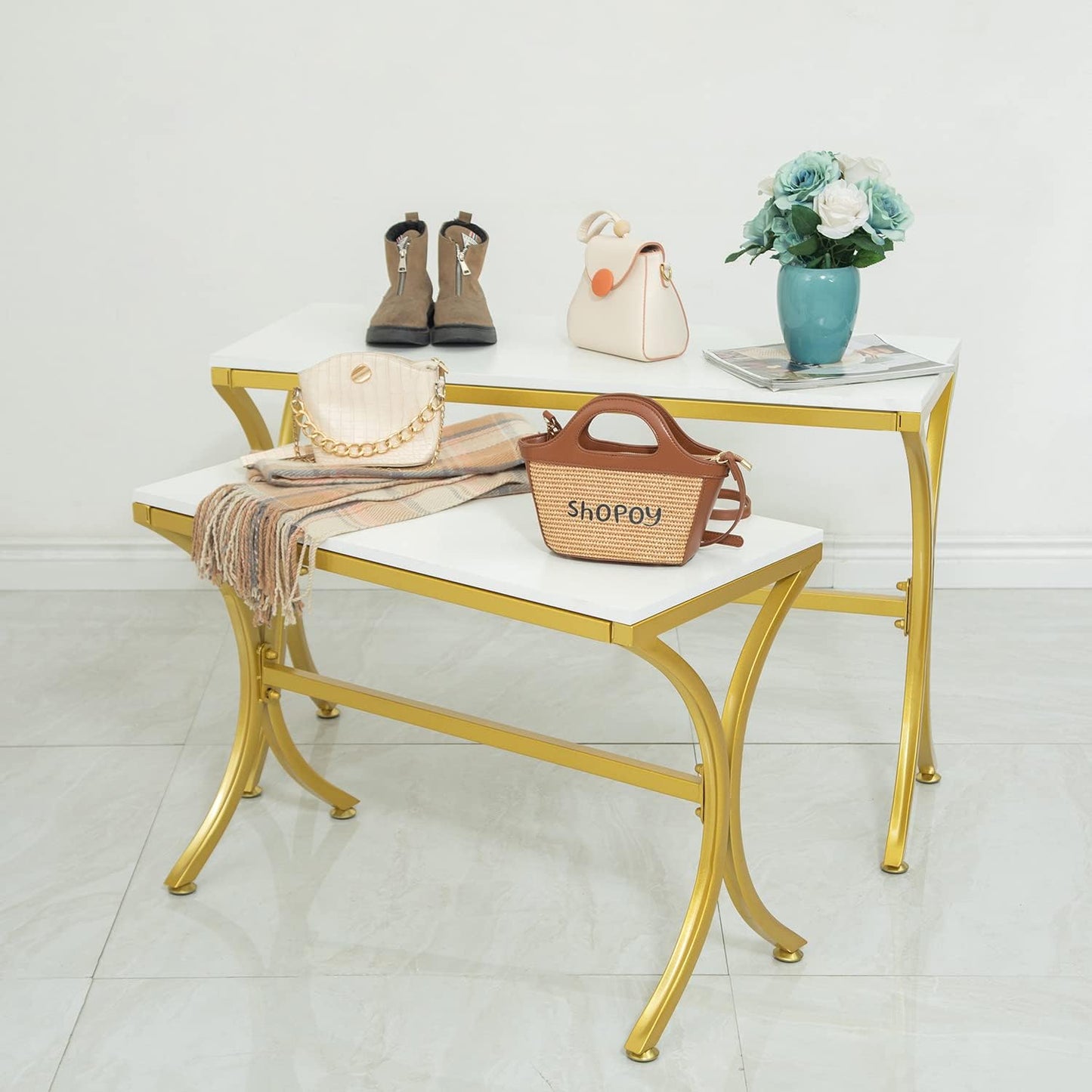 Metal Shoe Handbag Display Stand, Display Riser Shelf for Retail Store, Modern Nesting Tables 2 Piece Set, Iron and Wood, Gold