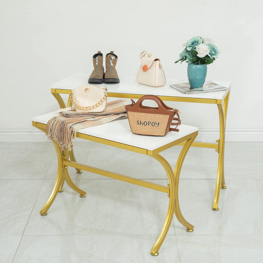 Metal Shoe Handbag Display Stand, Display Riser Shelf for Retail Store, Modern Nesting Tables 2 Piece Set, Iron and Wood, Gold