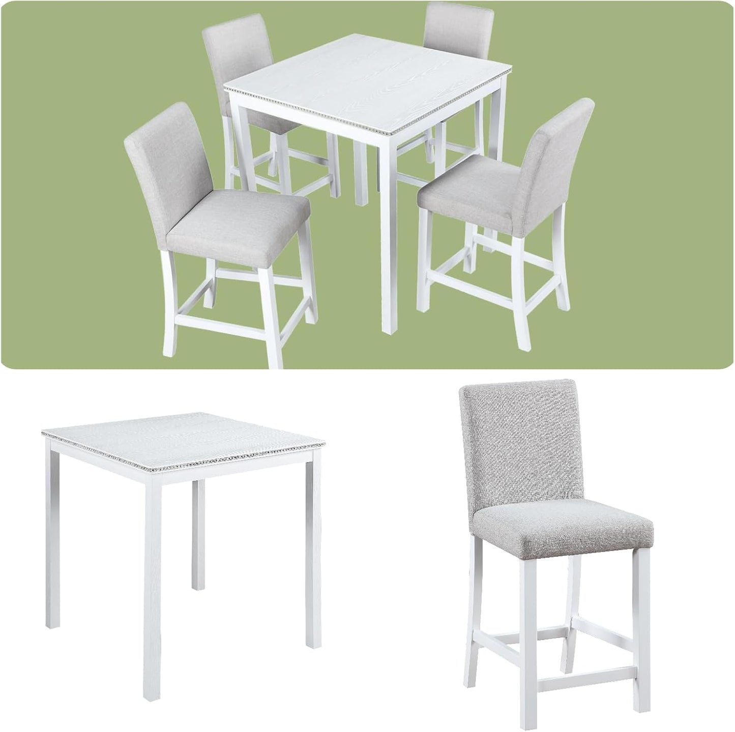 5PCS Modern White Counter Height Dining Table Set, Square Table with Crystal Decoration and 4 Upholstered Chairs for Kitchen, Dining Room