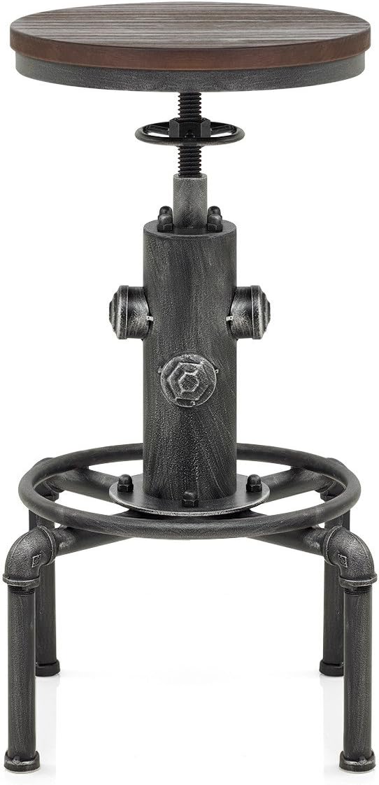 Topower Antique Vintage Industrial Barstool Solid Wood Water Pipe Fire Hydrant Design Cafe Coffee Industrial Bar Stool Set of 2 Silver