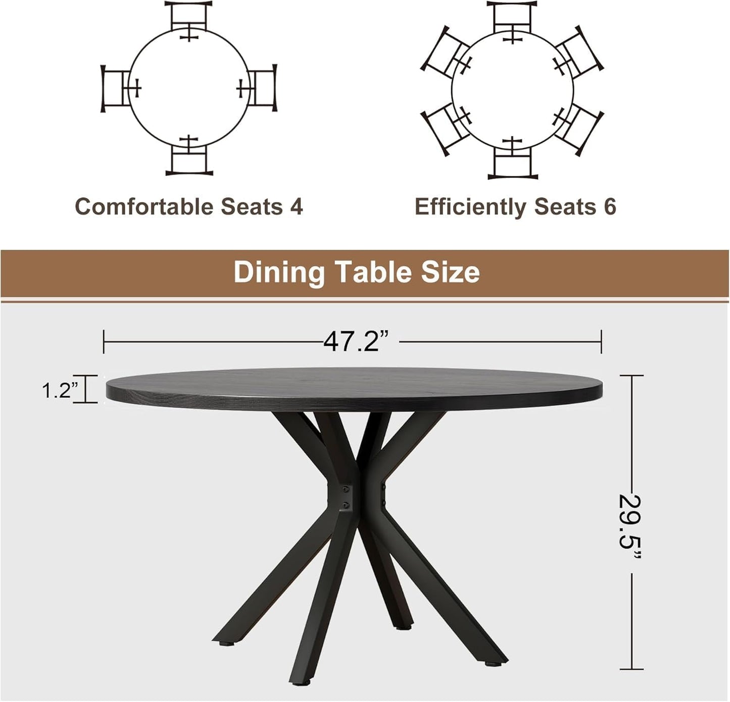 47 Inch Round Dining Table for 4, Modern Round Dinner Table Small Mid Century Dining Room Tables, Leisure Kitchen Tables for Small Space, Kitchen, Living Room, Steel Legs, Black