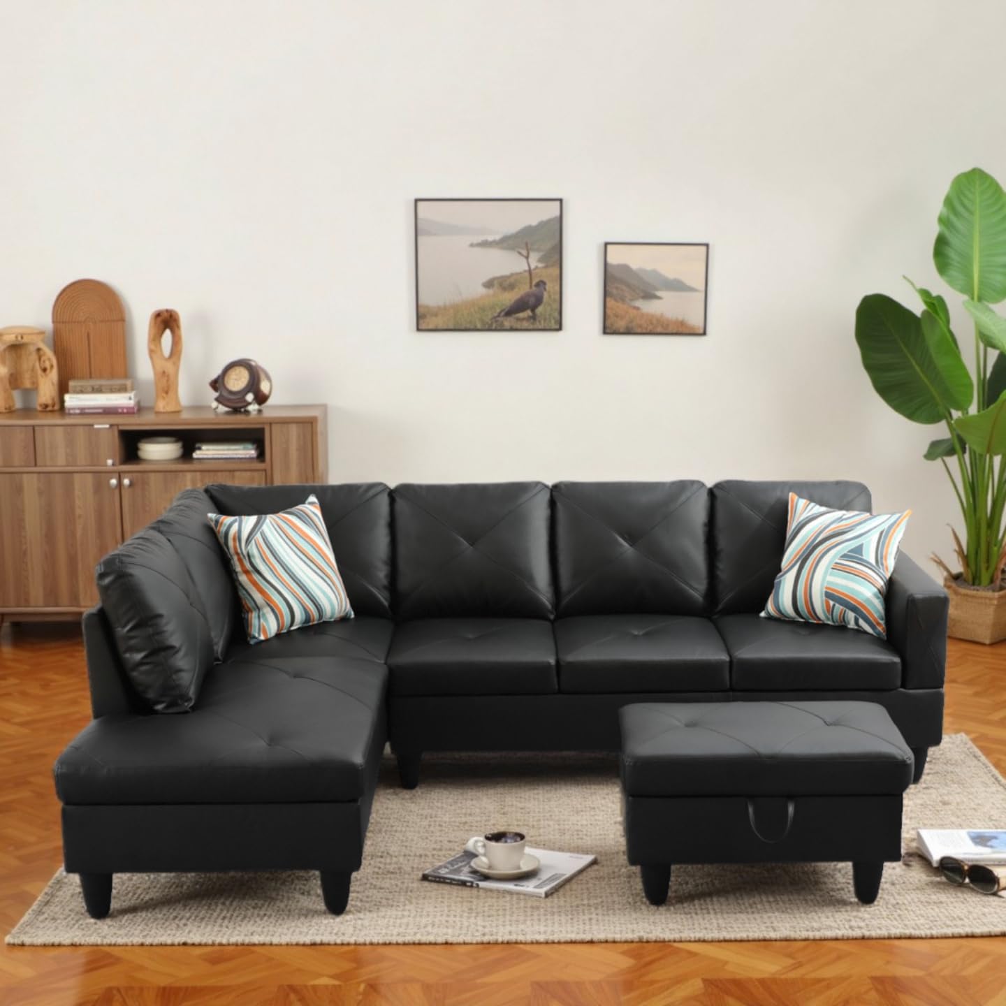 L-Shaped Sectional Sofa with Ottoman, Color Blocking Flannel Leather Right-Facing Modern Couch for Living Room, Bedroom, Office, Black Stripe