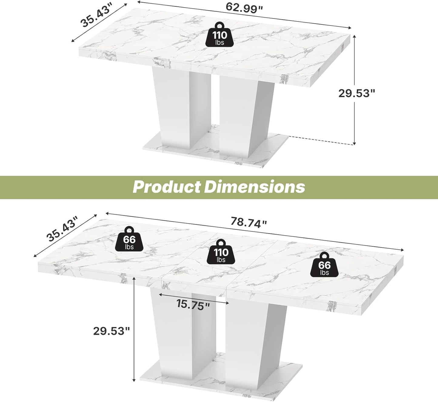63"-78.7" Expandable Dining Table, 6-10 Farmhouse Kitchen Table, Extendable Console Table, Wooden Farmhouse Kitchen Table with Metal Track & Dual Column Base for Dining Room, Office-White